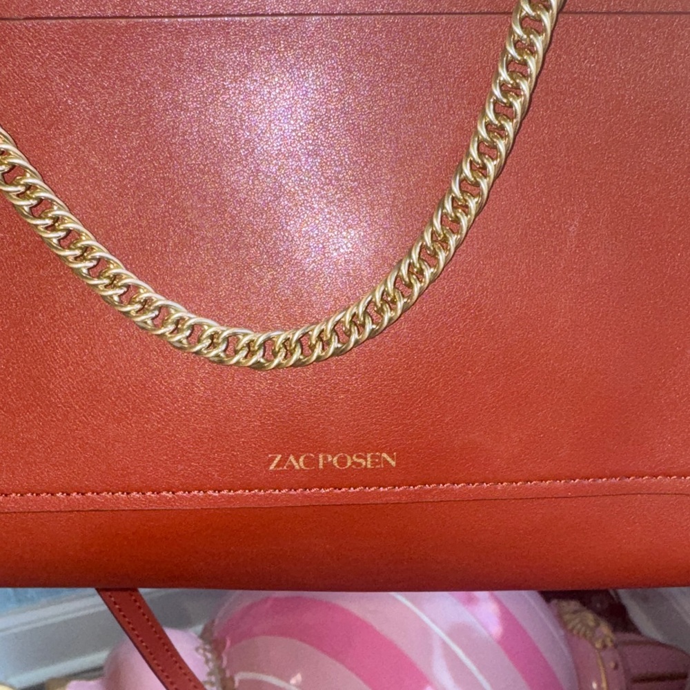 ZAC POSEN Leather Crossbody Bag Brown Gold Chain Strap Chic Small Purse - Picture 3 of 7